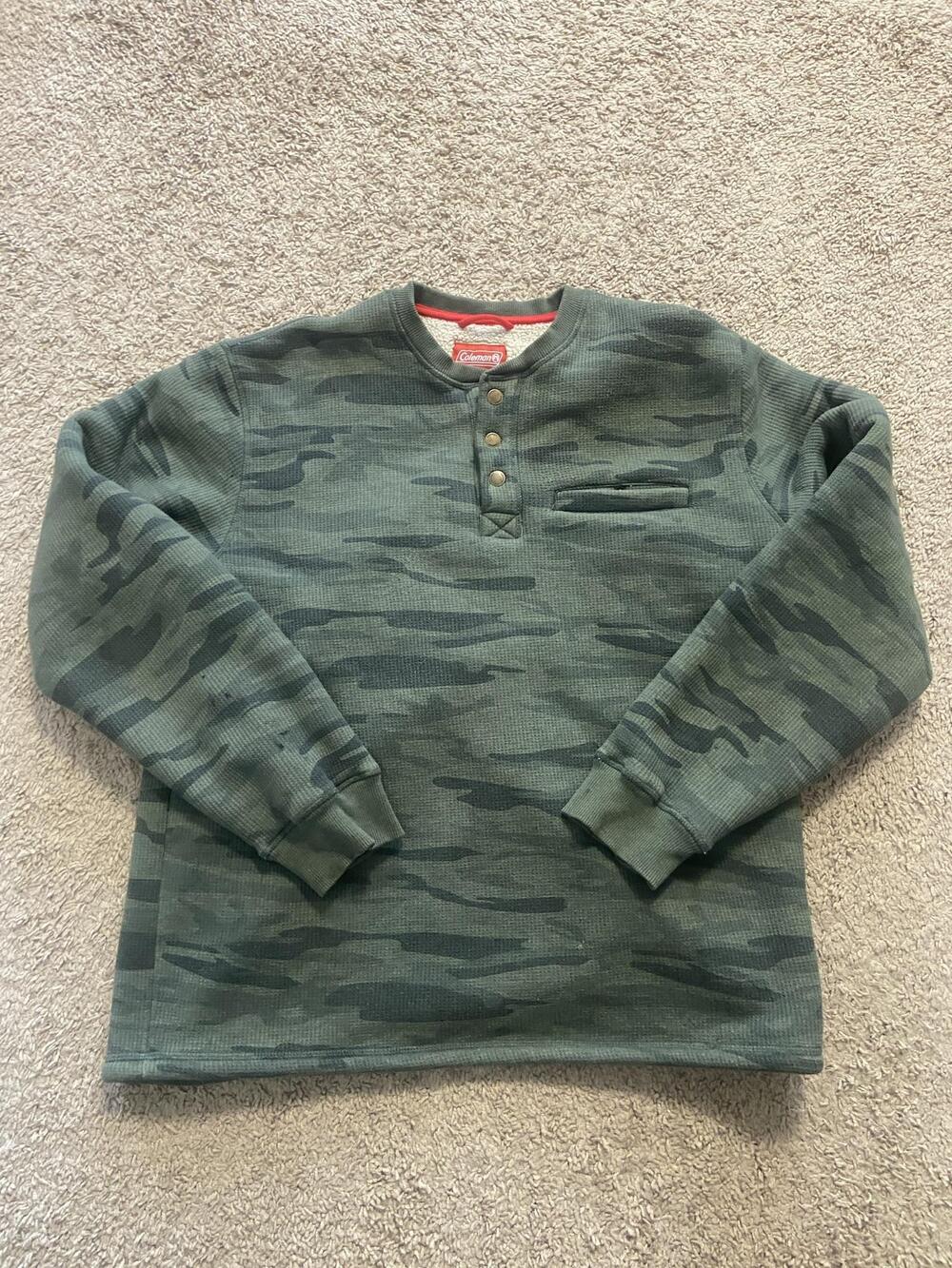 Coleman Sweatshirt Mens XL Green Camo Thermal Henley Sherpa Lined Heavyweight
